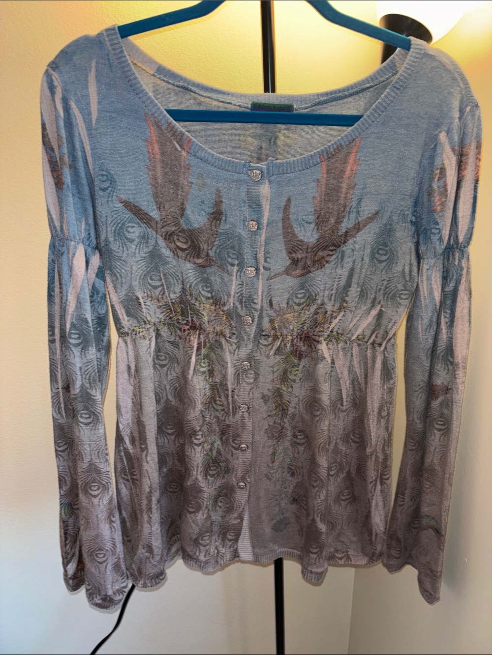 Butterfly Dropout Cardigan Long-Sleeve Bird Print Knit